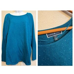 Karen Scott Blue Crew Neck Sweater with Textured Knit and Sparkle